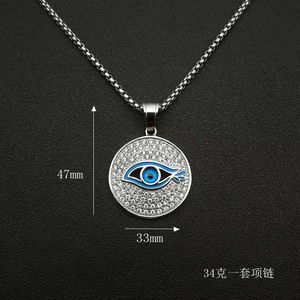 Collier pendentif œil bleu en acier inoxydable, serti pavé, rond, bijoux unisexe, cadeau DZ305B - Product Image 5