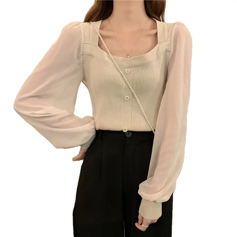 2023 Women Chiffon Long Sleeve Patchwork Shirts Women's Blouse Square Collar Knit Clothes Slim Tops Fashion Girls Casual Shirt