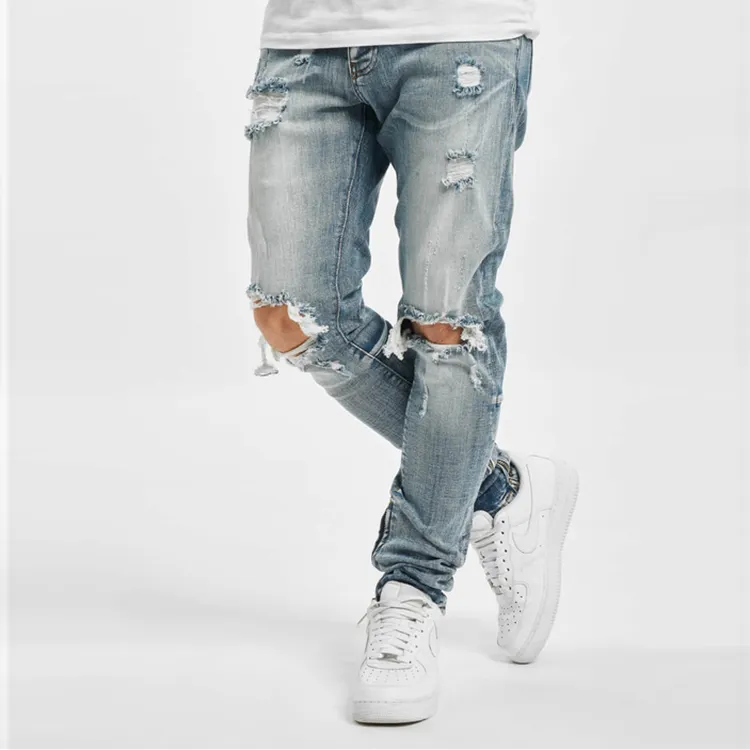 Huili manufacturing customized men jeans blue ripper knee skinny jeans stacked pants men