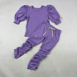 QL2022 Vente en gros Ensemble décontracté pour enfants : Haut en coton uni à manches bouffantes + Leggings à jambes évasées, Tenues de sport - Product Image 2