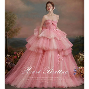 Strapless Ball Gown Wedding Dress Watermelon Red Tulle Empire Waistline Elegant Banquet Style - Product Image 5