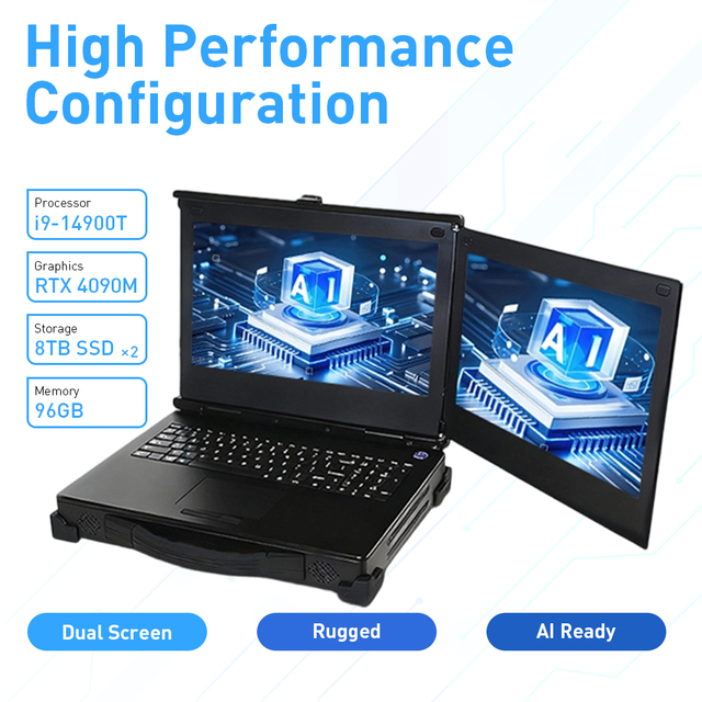 IP65 Aluminium Dual Screen Rugged Laptop I9-14900T RTX4090 GPU 96GB RAM 16TB SSD Edge AI Workstation OEM ODM English Keyboard