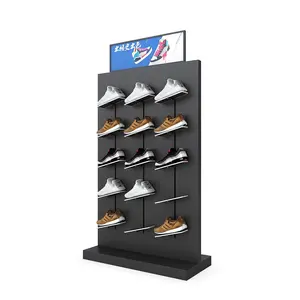 Chaussures de sport logo de marque, étagère double face en bois noir, mini présentoir pour chaussures en magasin