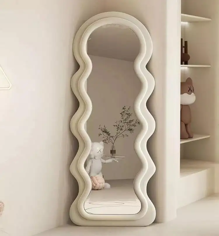 Hot Sale Full Length Wooden Mirror Frame Long Wavy Floor Standing Wall Leaner Mirror Arched