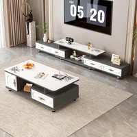 Meuble TV rétractable moderne en verre trempé avec panneau en bois et table basse intégrée – Combo meuble TV et table basse pour l'ameublement