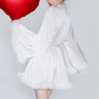 Dierlove – Robe de nuit en satin de soie sexy avec logo personnalisé, bordure en fausse fourrure et manches à plumes, vêtements d'intérieur pour femme, nouvelle collection de vêtements de nuit