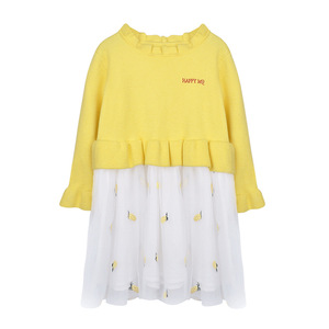 Venta al por mayor otoño niños ropa suave amarillo de manga larga de punto de malla de pompadour <span class=keywords><strong>boutique</strong></span> vestido de niña - Product Image 1