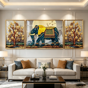 Factory Wholesale Hot Sale 3 Panels <b>Framed</b> Wall Art Auspicious Elephant Golden Money Tree Gold Rose Crystal Porcelain <b>Painting</b> - Product Image 4
