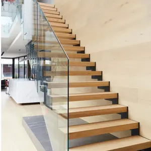CBMmart Luxury Stairs Floating Staircase Wooden Treads Straight Glass Stairs With Glass Railing