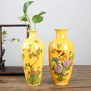 Florero de cerámica hecho a mano <span class=keywords><strong>con</strong></span> diseño de pájaro y flor antiguo, jarrón amarillo pequeño de porcelana fina para decoración del hogar - Product Image 6