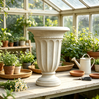 Urne-jardinière classique à piédestal cannelé vertical, en résine blanc cassé texturée, style trophée, faite et peinte à la main, ornement de jardin vintage romain