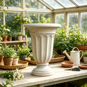 Urne-jardinière classique à piédestal cannelé vertical, en résine blanc cassé texturée, style trophée, faite et peinte à la main, ornement de jardin vintage <span class=keywords><strong>romain</strong></span> - Product Image 6