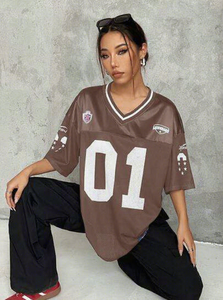 Brown <b>V</b>-<b>Neck</b> Football Jersey With <b>White</b> Number 01 Sublimation Print Short Sleeve Loose Fit Women's Mesh Apparel - Product Image 4