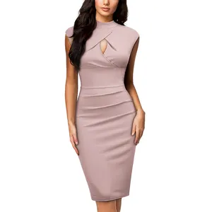 Womens O-neck Sleeveless Solid Bodycon Church Elegant Chic Formal Business Office Midi Sheath Pencil Dress