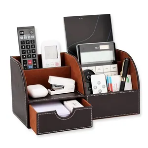 Multifunction Leather Storage Boxes Office Desk Accessories Brown Leather Pen Pencil Holder Sundry Storage Box