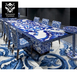 Hiện đại sang trọng 8 chỗ ngồi bàn ăn trắng sứ màu xanh Mô hình gỗ rắn mới quốc gia Trung Quốc Tính năng nội thất biệt thự - Product Image 5