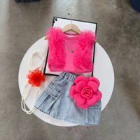 Nouvel ensemble d'été pour filles : débardeur élégant en maille sans manches et jupe mi-longue en jean à grandes fleurs