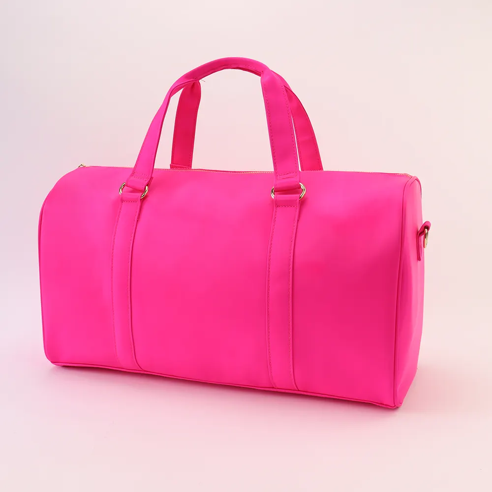 Keymay No MOQ Hot Pink Large Nylon Sports Tote Gym Bag Shoulder Weekender Overnight Bag for Women Travel Duffel Bag