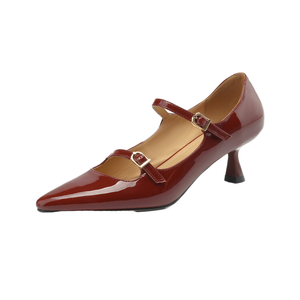 Zapatos de Tacón Alto con Doble Correa y Punta Puntiaguda, Zapatos Mary Jane Formales para Mujer, Verano Otoño, Aumento de Altura, Hebilla de Cuero Genuino, 5.5 cm - Product Image 1