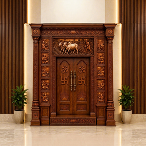Porte de temple traditionnelle en teck avec sculptures Om et Swastika, porte de mandir indienne en bois de qualité supérieure avec sculptures complexes, USA - Product Image 1