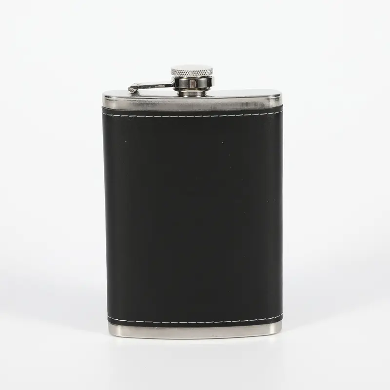 8oz Stainless Steel Black Leather Cover Hip Flask For Whisky