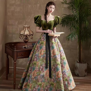 Retro Floral Print Velvet Evening Gown Sweetheart Neckline Ball Gown Empire Waist Green Birthday Hostess Dress - Product Image 2