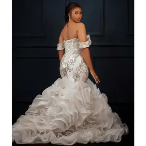 Robe de mariée sirène de luxe à perles et perles de culture, grande taille, épaules dénudées, blanche, élégante, sur mesure, style <span class=keywords><strong>africain</strong></span> - Product Image 4