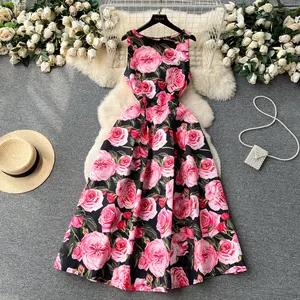 LE1919 2024 Summer Flower Series Printed Evening Dress Gentle Sleeveless A-Word Midi Dress Ladies Office Party Casual Dress