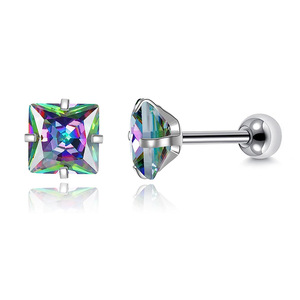 Clous d'oreille carrés en acier inoxydable avec zircon, sertissage à griffes, clous à bille à filetage interne, bijoux de piercing tendance - Product Image 5