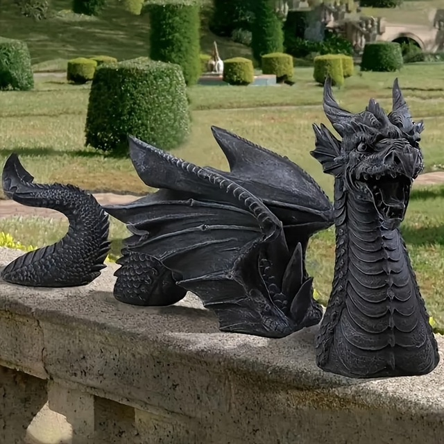 Handcrafted Black & White Dragon Figurine - Resin Three-Section Garden and Yard Decor