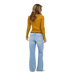 Women's Mustard Long Sleeve Knitted <b>Crop</b> <b>Top</b> O-Neck Slim Fit Casual T-Shirt Spandex Cotton Blend - Product Image 2