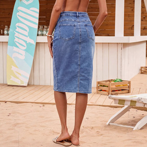 Jupe moulante en jean pour femme, fendue sur le devant, mi-longue, couleur unie, coupe élastique, tailles européennes et américaines du XS au XXL - Product Image 3