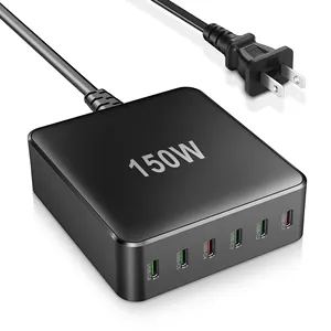 Estación de carga de escritorio USB C PD GAN de 6 puertos de 150W para viaje, cargador de computadora portátil USB C de 65W para MaBook Pro/Air, teléfono 15/14/Min