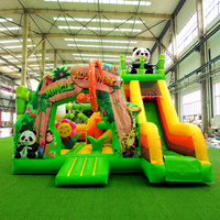 WINSUN Trampolin Tiup Bertema Panda Cina Baru, Kombinasi Kastil Tiup PVC Lucu untuk Anak-Anak dengan Perosotan untuk Acara