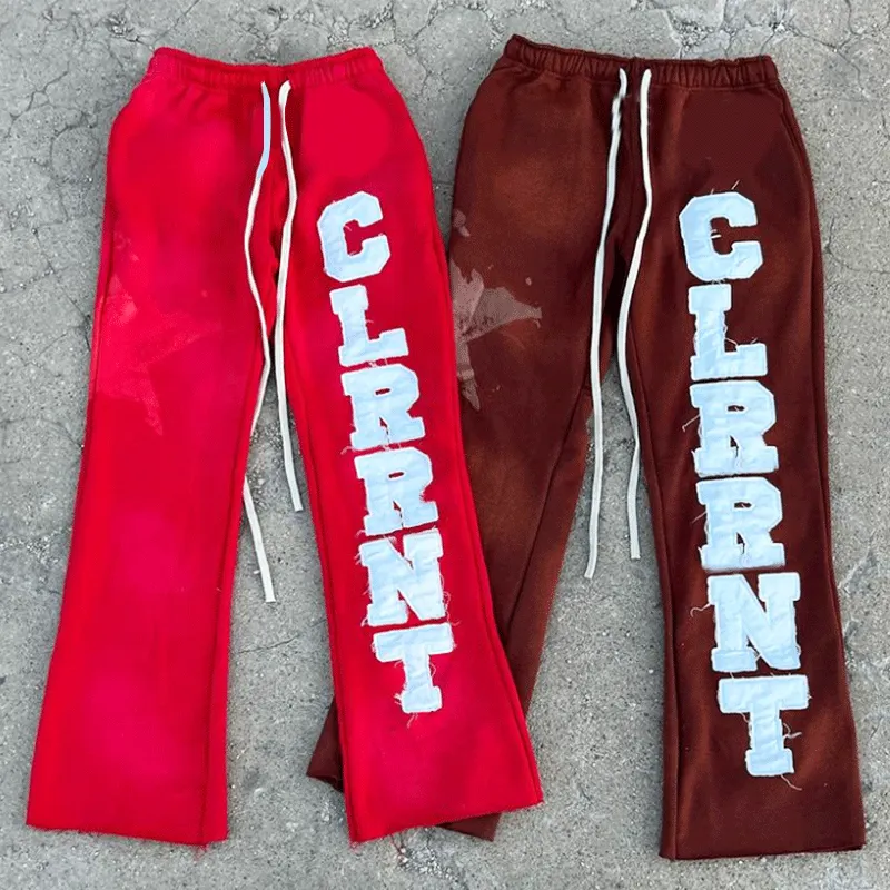 Kleding Fabrikanten Custom Applique Grafische Geborduurde Patches Gestapelde Flare Joggingbroek Zuur Wassen Heren Jogger Uitlopende Broek