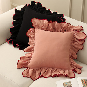 Housse de coussin décorative en coton à volants, couleur unie, rose magnifique, pour la maison - Product Image 6