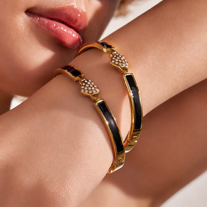 Black Enamel Inlay Heart Pave CZ Open Gold Cuff <b>Stack</b> <b>Bracelet</b> - Product Image 1