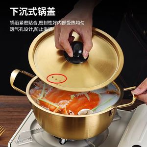 Stainless Steel Soup <b>Pot</b> Gold Double Handles Thickened <b>Induction</b> Compatible Household Hot <b>Pot</b> With Lid - Product Image 5