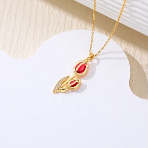 Collier pendentif en forme de tulipe en acier inoxydable plaqué or 18 carats pour femmes Jeutelis, incrustation de zircon, chaîne à maillons, cadeau tendance pour la vente en gros - Product Image 5