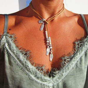 Collier tissé Artsy rétro géométrique plume alliage pendentif Double frange collier pour femmes Uionen 1445 - Product Image 2