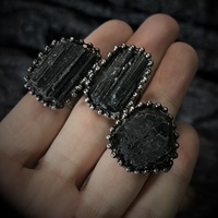 Vintage-Stil Natürlicher Schwarzer Turmalin Unregelmäßiger Offener Ring Galvanisch Antik-Silber Kupfer Unisex Verstellbarer Ring