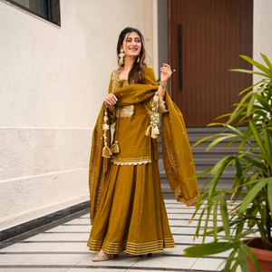 Traditional Women's Mustard Chiffon Salwar Kameez Set With Embroidered Dupatta Daily Wear Ethnic Outfit Spring Summer - Product Image 3