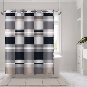 Tirai mandi kain geometris Modern dengan desain kotak-kotak, tirai kamar mandi dengan magnet untuk kamar mandi