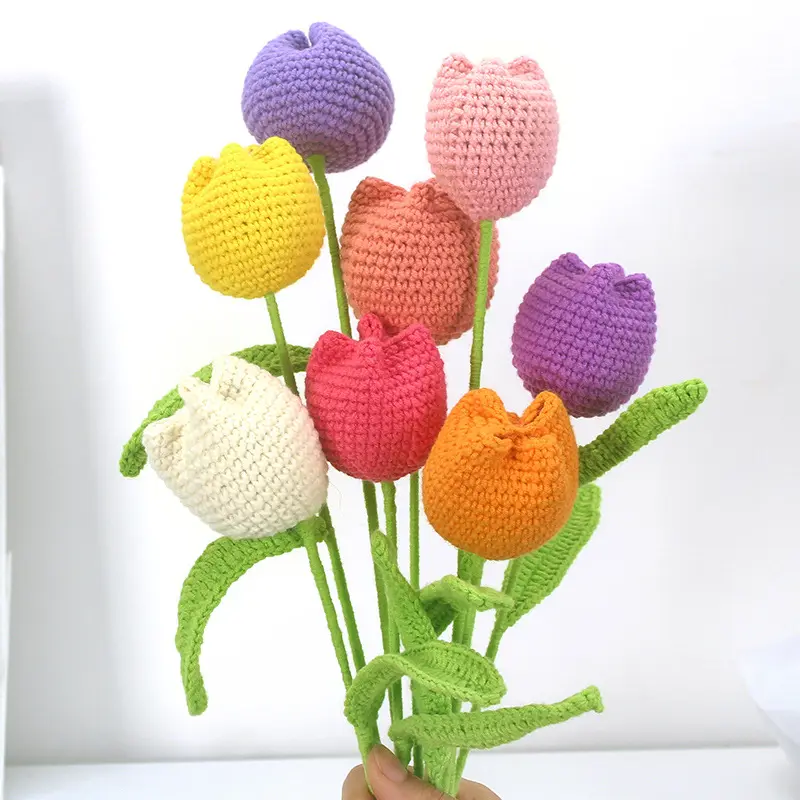 Amazon Hot Bán Handmade Nhân Tạo Len Tulip Trang Trí Hoa Dệt Kim Hoa Tốt Nghiệp Của Mẹ Món Quà Ngày 2024 Crochet Hoa Tulip