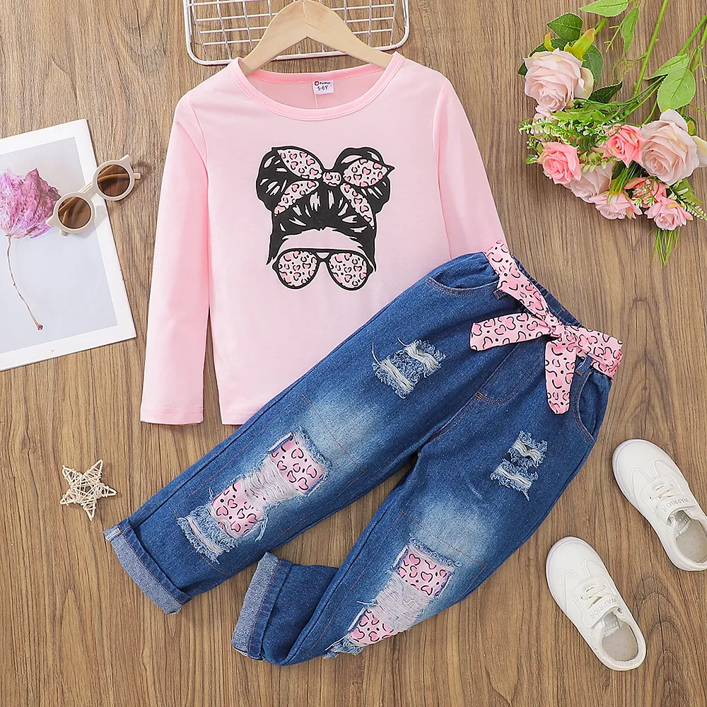 Toddler Girls Solid Color Knit T-shirt Jeans 2 Piece Sets Tracksuits Sweatsuits Sets For Children