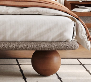 Giường ngủ bằng vải len cừu cao cấp phong cách retro, đầu giường hình bán nguyệt với lớp bọc lông cừu mềm mại & chân giường bằng gỗ hình cầu - Product Image 5