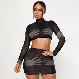 Summer Mesh Palm Print Two Piece Skirt Set See Through Long Sleeve Crop Top And Bodycon Skirt Women Sexy Matching Sets