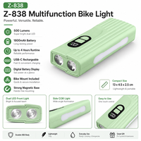 Lampe de vélo LED rechargeable étanche IP44 Z838 verte en ABS, avec fonction Power Bank et chargement USB Type-C, 500LM, modes Haute/Basse/Flash, idéale pour le camping