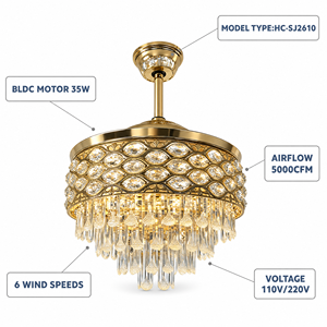 Ventilateur de plafond en cristal avec lumière et télécommande, ventilateurs de plafond décoratifs dorés avec lumières LED à intensité variable, 6 vitesses, super silencieux - Product Image 5