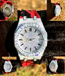 Montre à quartz de luxe pour homme avec bracelet camouflage rouge, verre en moissanite VVS, bracelet en acier inoxydable avec moissanite, résistance à l'eau 10 bars, sport - Product Image 1